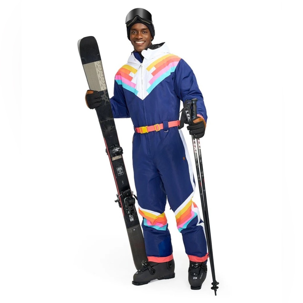 NWT Tipsy Elves Santa Fe Shredder Snow Suit in Navy Rainbow Stripe size Large